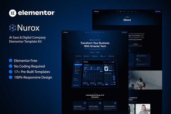 Nurox - AI Saas & Digital Company Elementor Template — Elementor template kit cover
