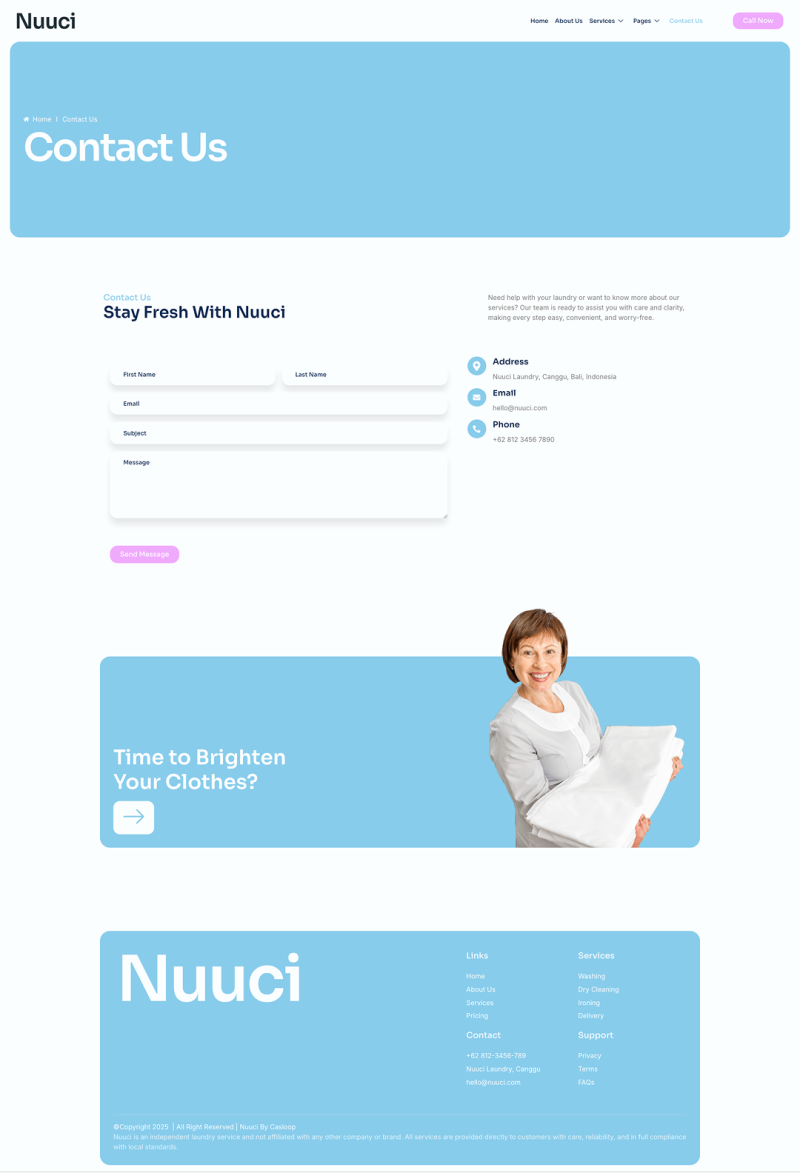 Contact Us — Nuuci - Modern Fresh Laundry Service Elementor Template