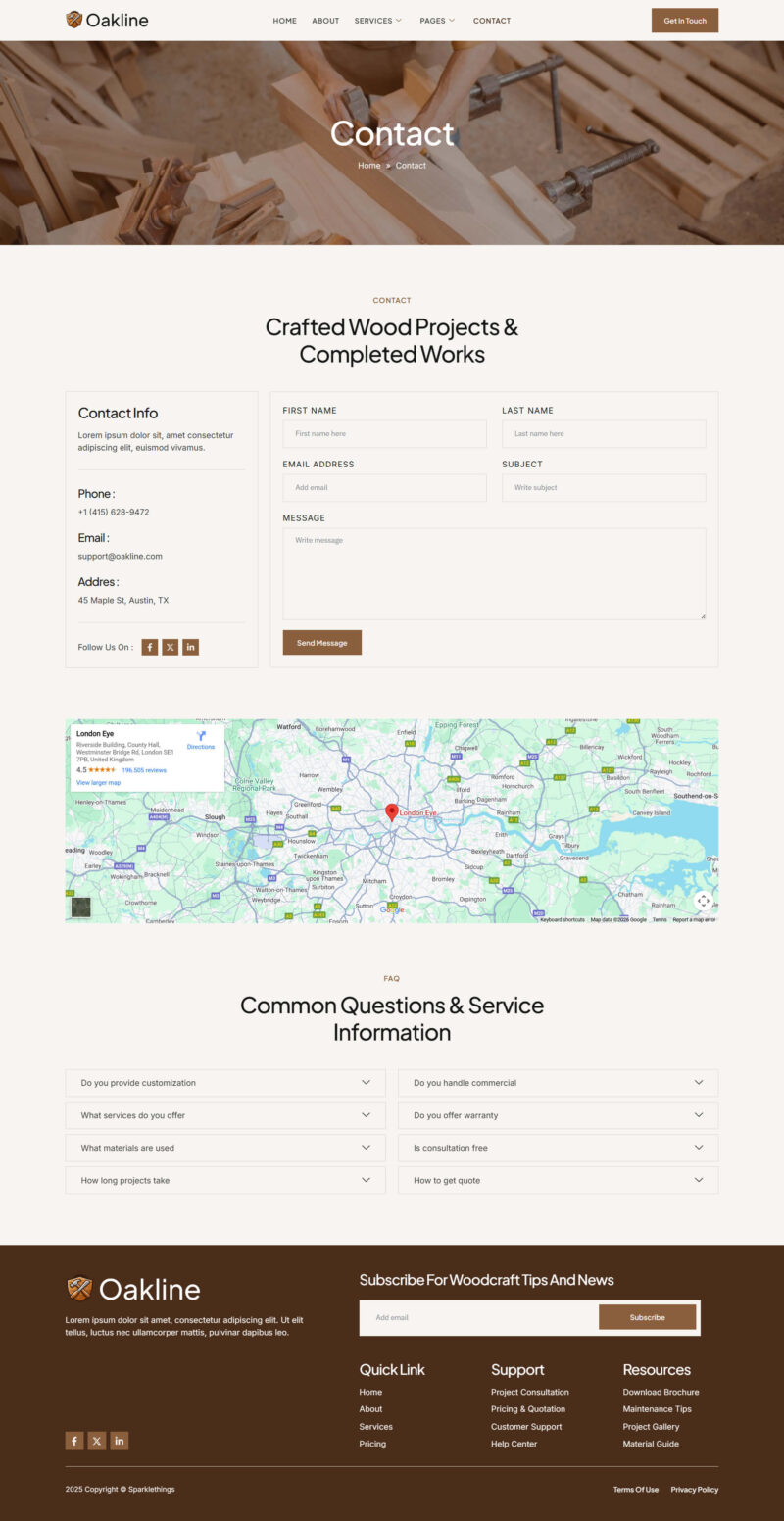 Contact — Oakline - Carpentry & Woodworking Elementor Template