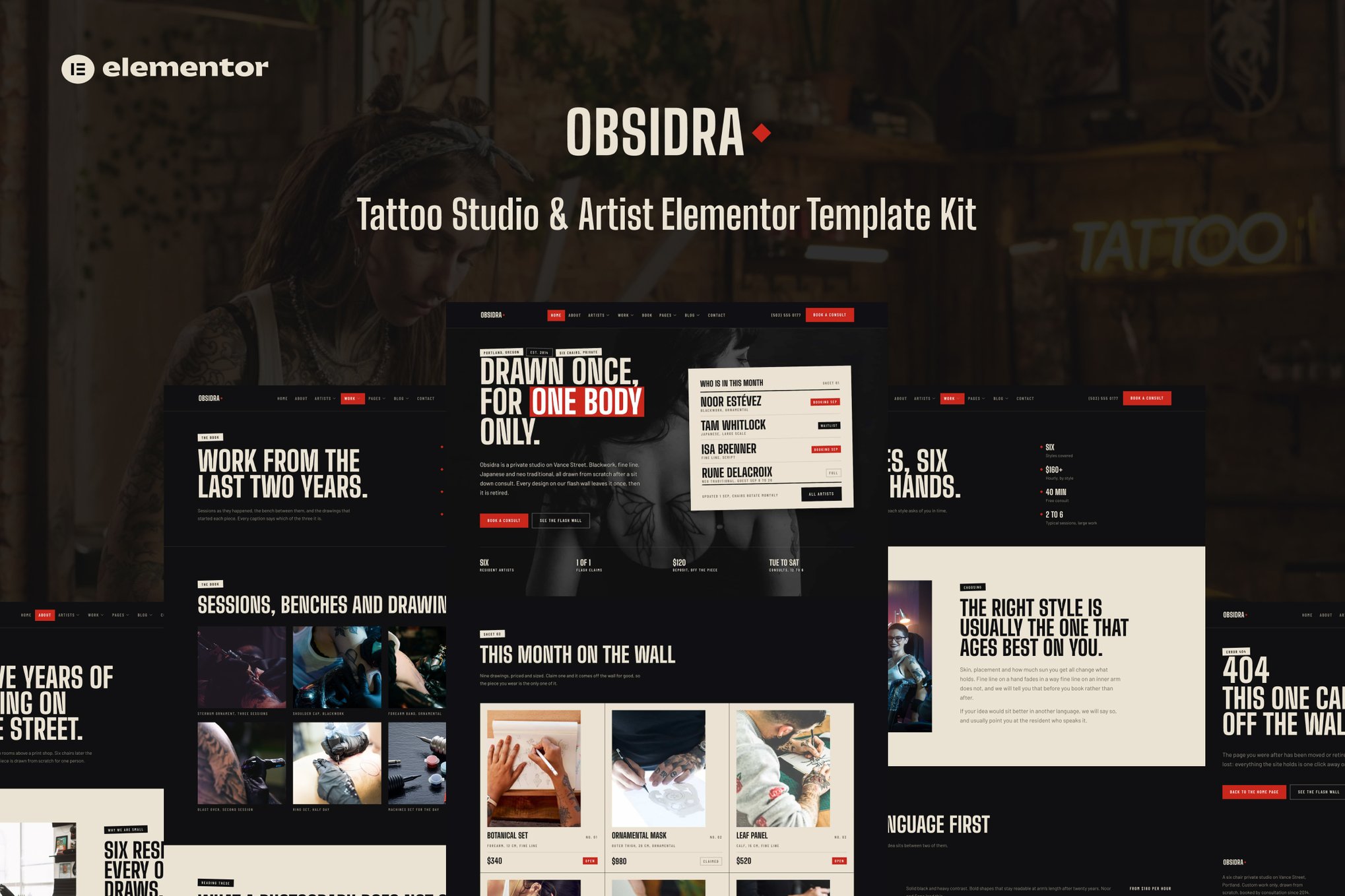 Obsidra - Tattoo Studio & Artist Elementor Template — Elementor template kit cover