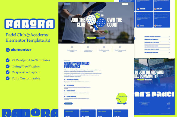 Padora — Padel Club & Academy Elementor Template — Elementor template kit cover