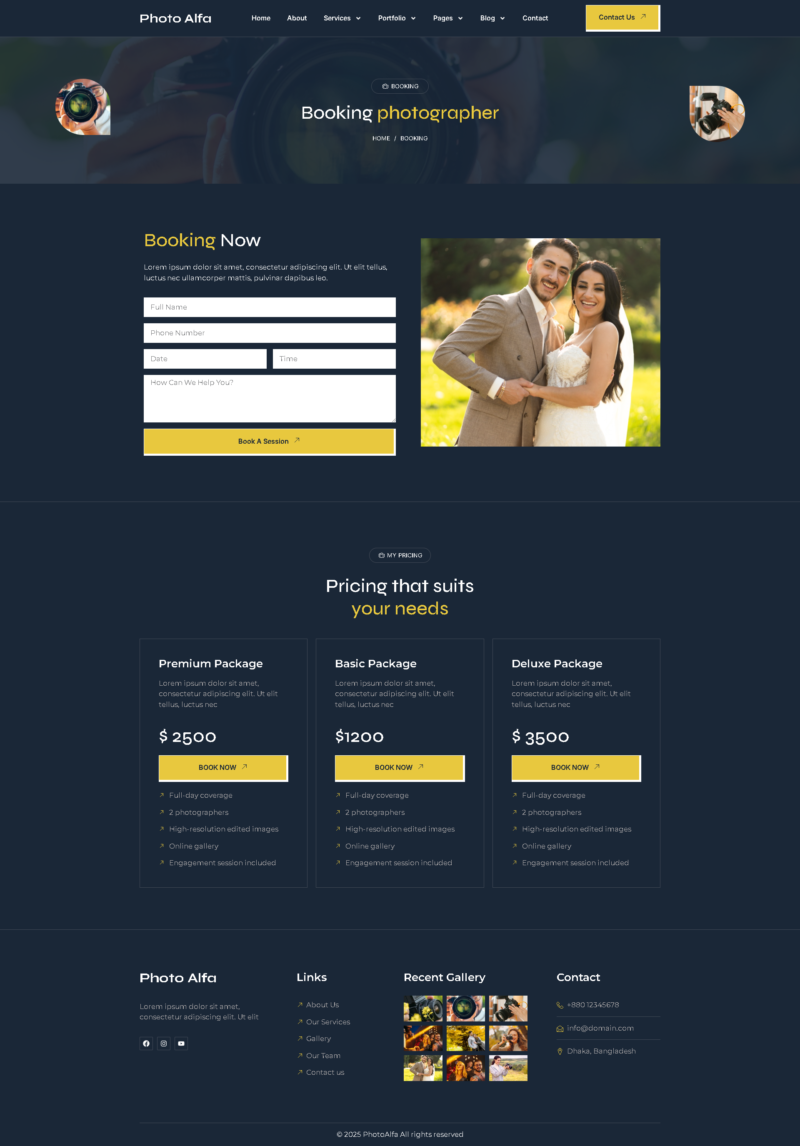 Booking — Photo Alfa - Photography & Portfolio Elementor Pro Elementor Template