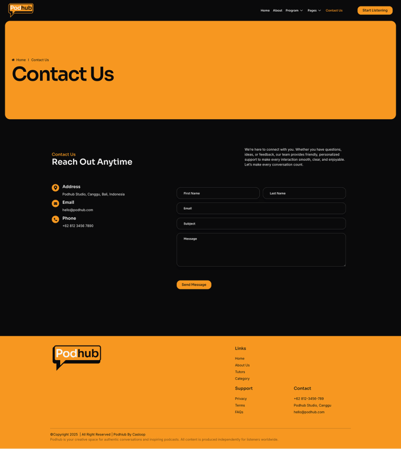 Contact Us — Podhub - Modern Dark Mode Podcast & Radio Streaming Elementor Template