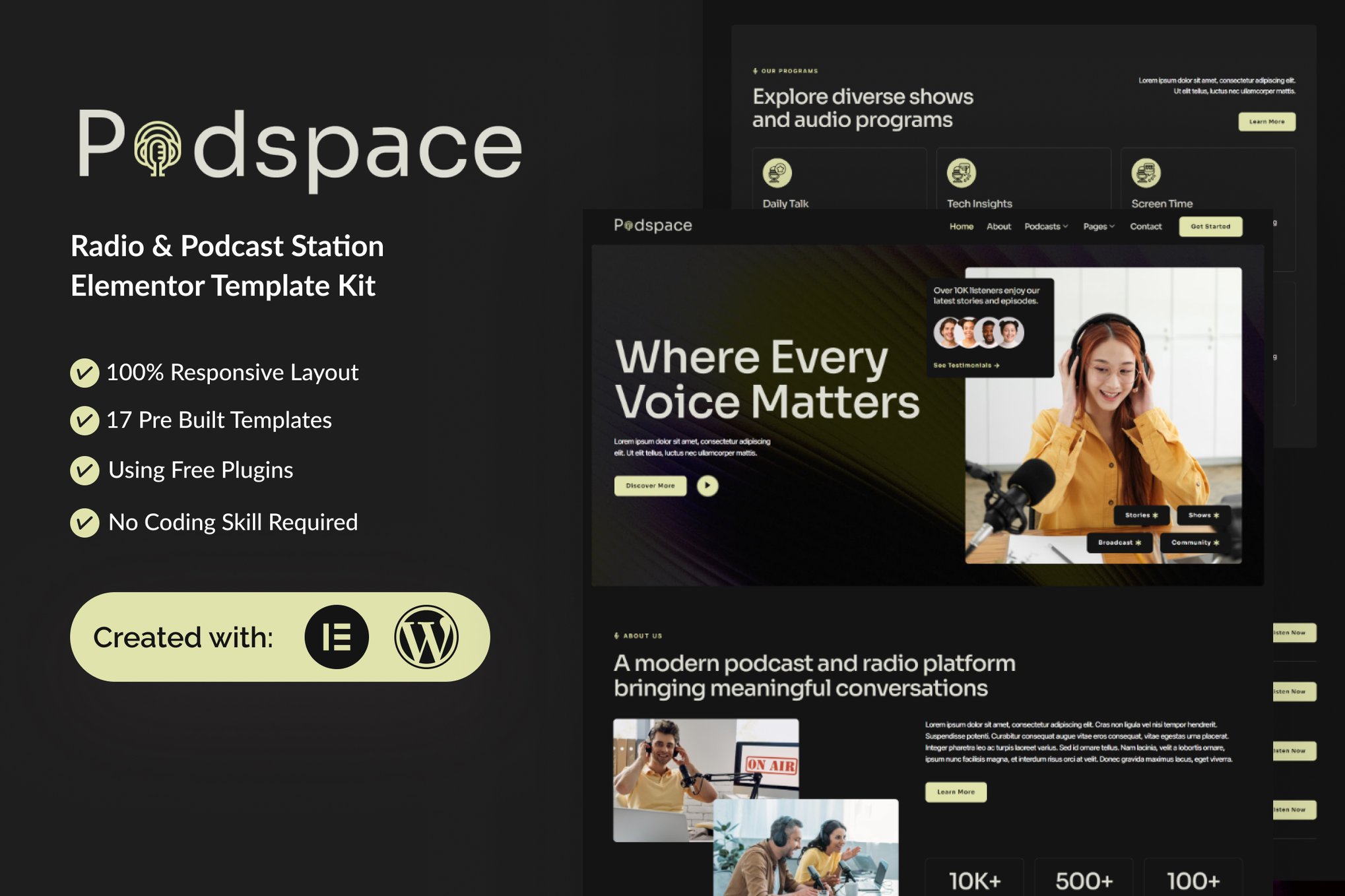 Podspace - Radio & Podcast Station Elementor Template — Elementor template kit cover