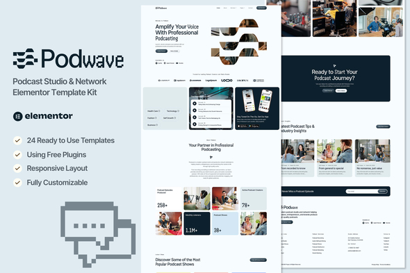 Podwave - Podcast Studio & Network Elementor Template — Elementor template kit cover