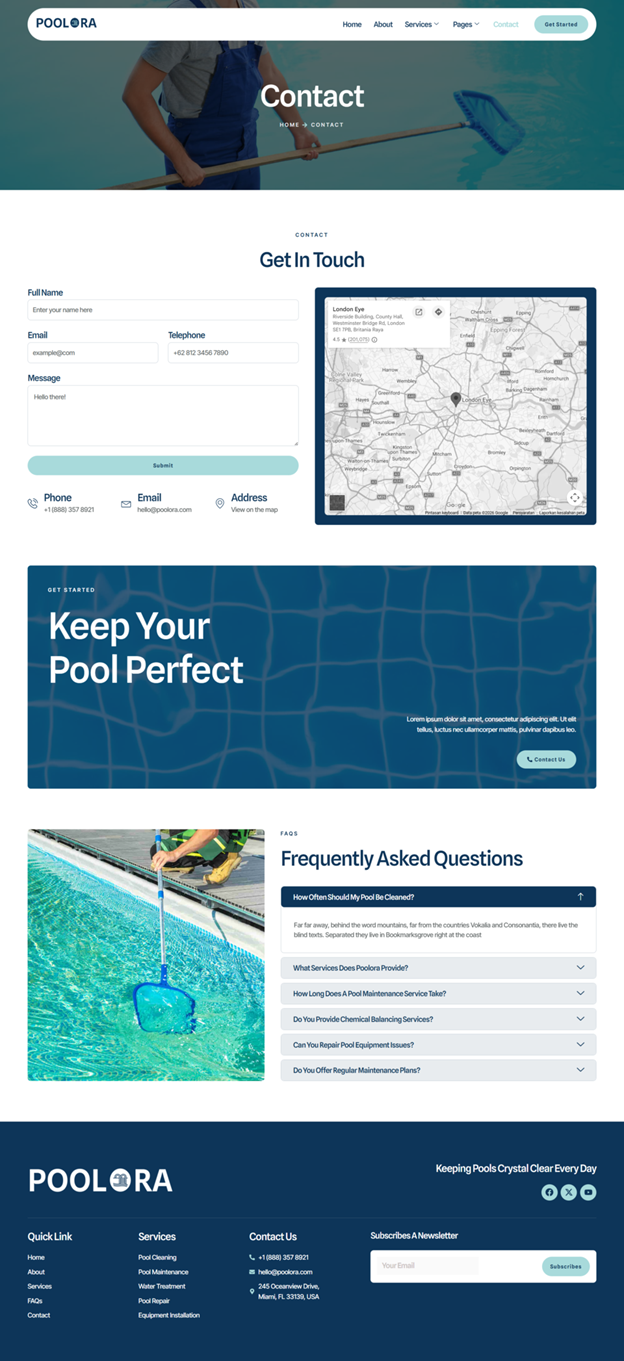 Contact — Poolora - Pool Cleaning & Maintenance Services Elementor Template