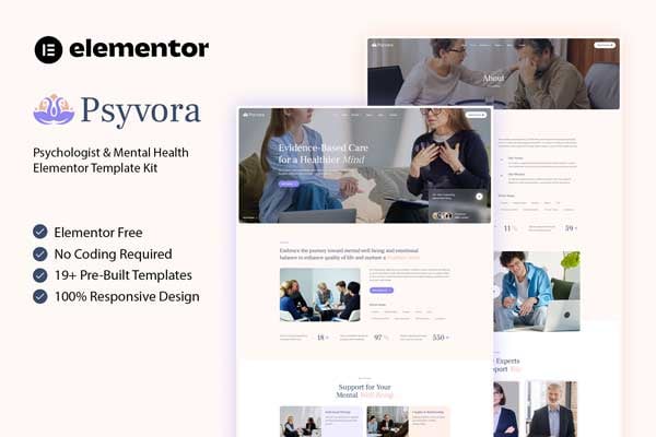 Psyvora - Psychologist & Mental Health Elementor Template — Elementor template kit cover
