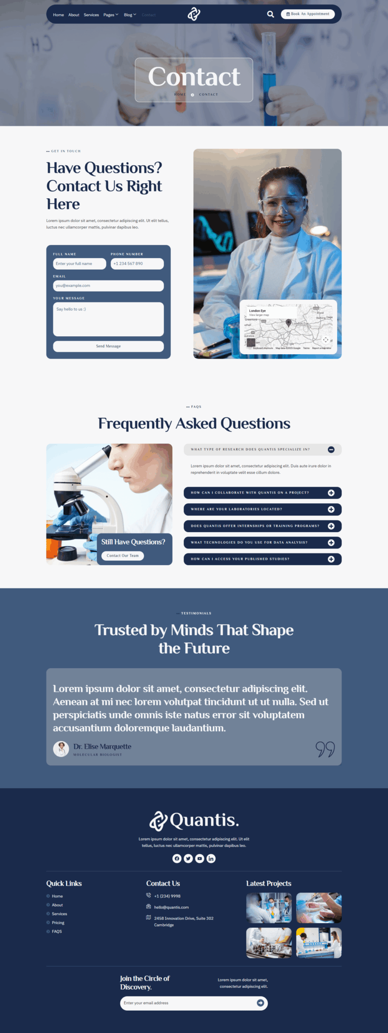 Contact — Quantis - Science Research & Laboratory Elementor Template