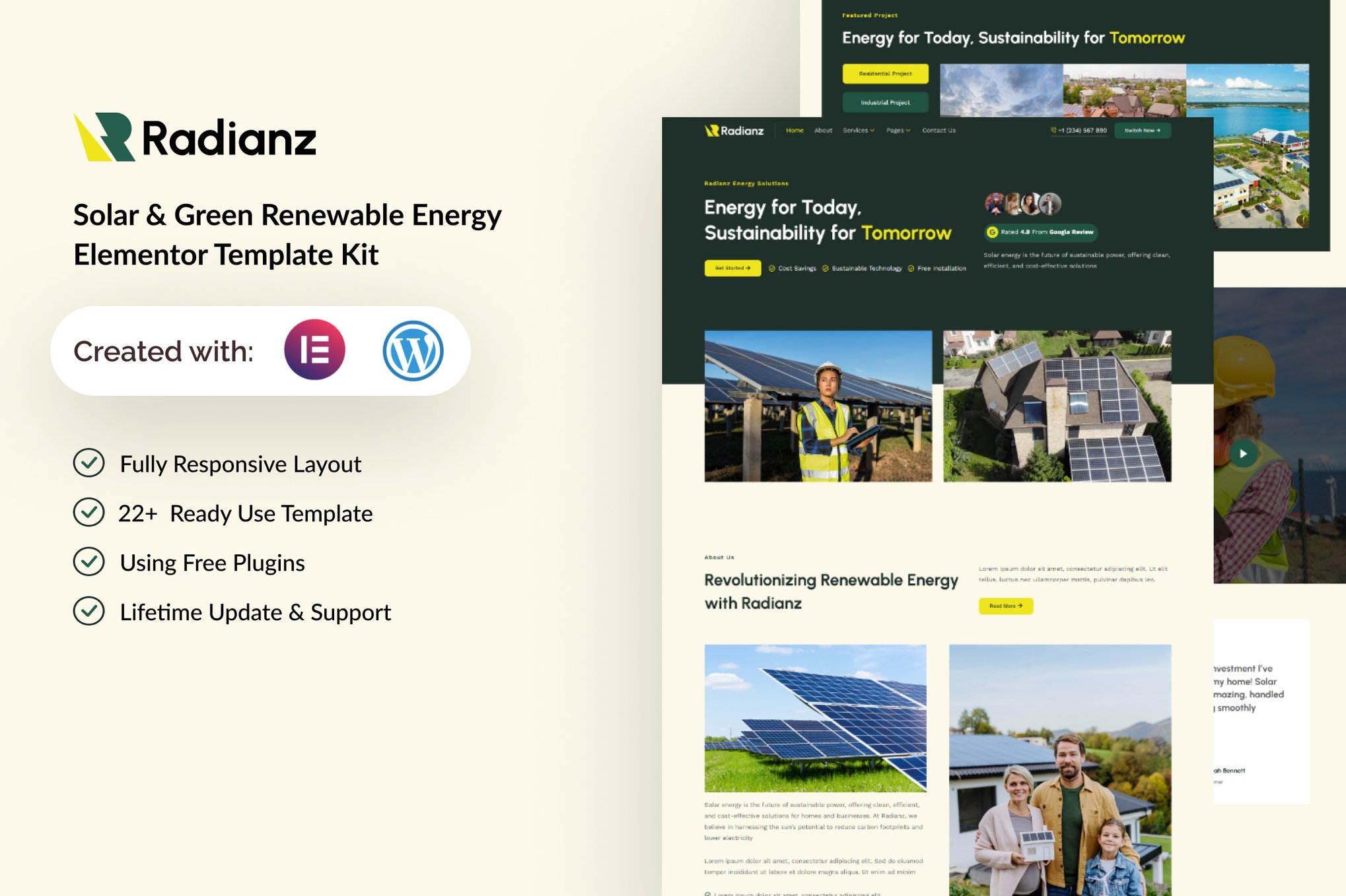 Radianz - Solar & Green Renewable Energy Elementor Template — Elementor template kit cover