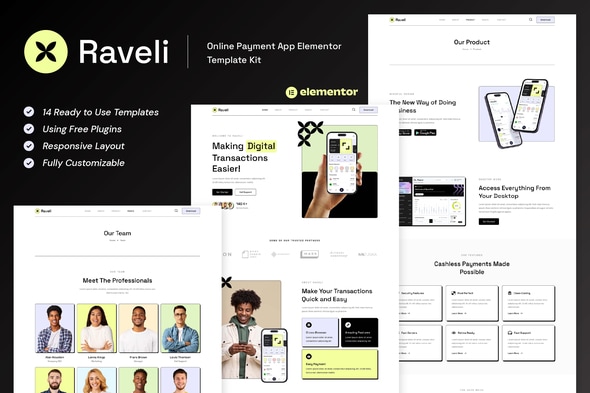 Raveli - Online Payment App Elementor Template — Elementor template kit cover