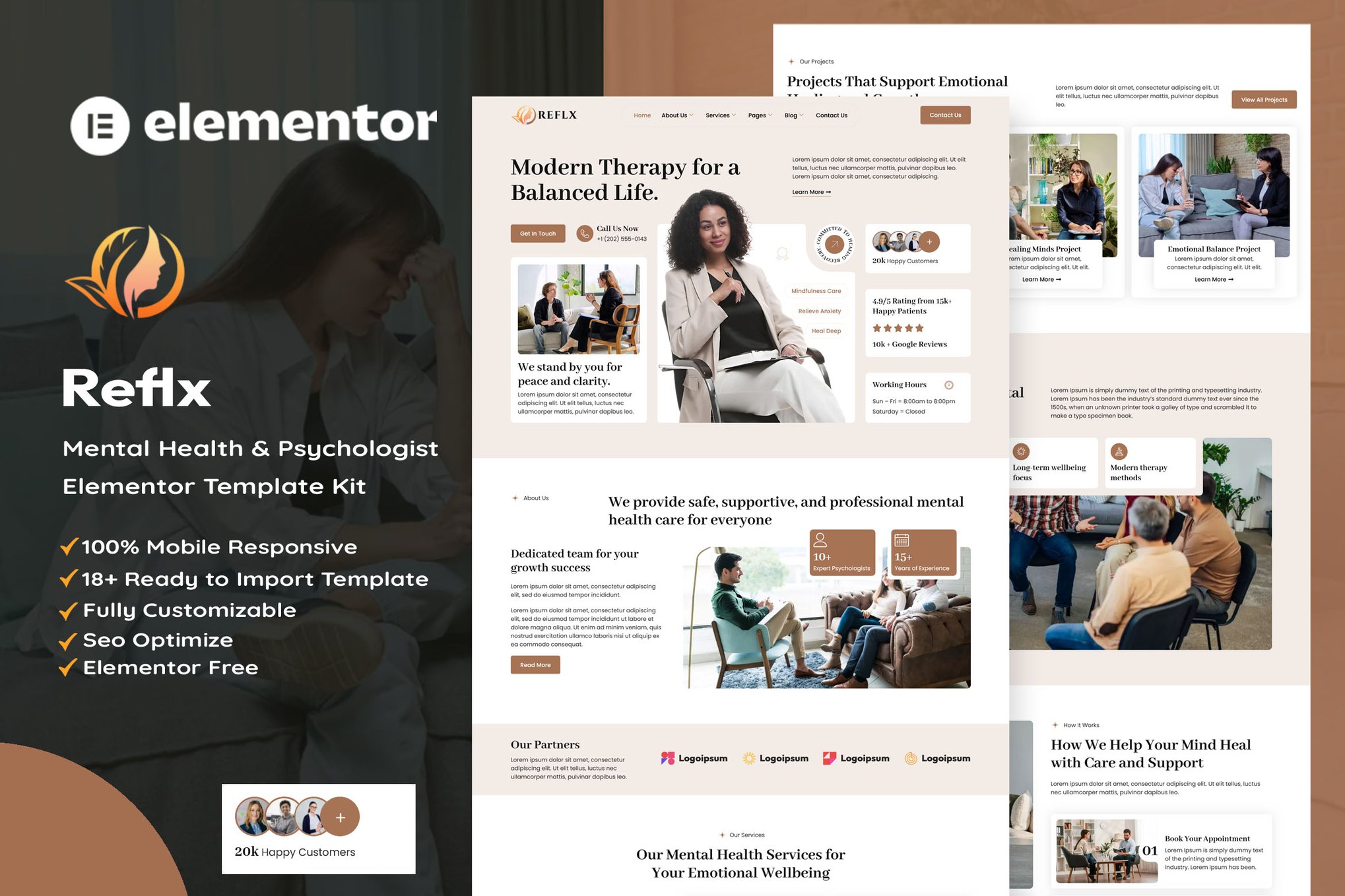 Reflx - Mental Health & Psychologist Elementor Template — Elementor template kit cover