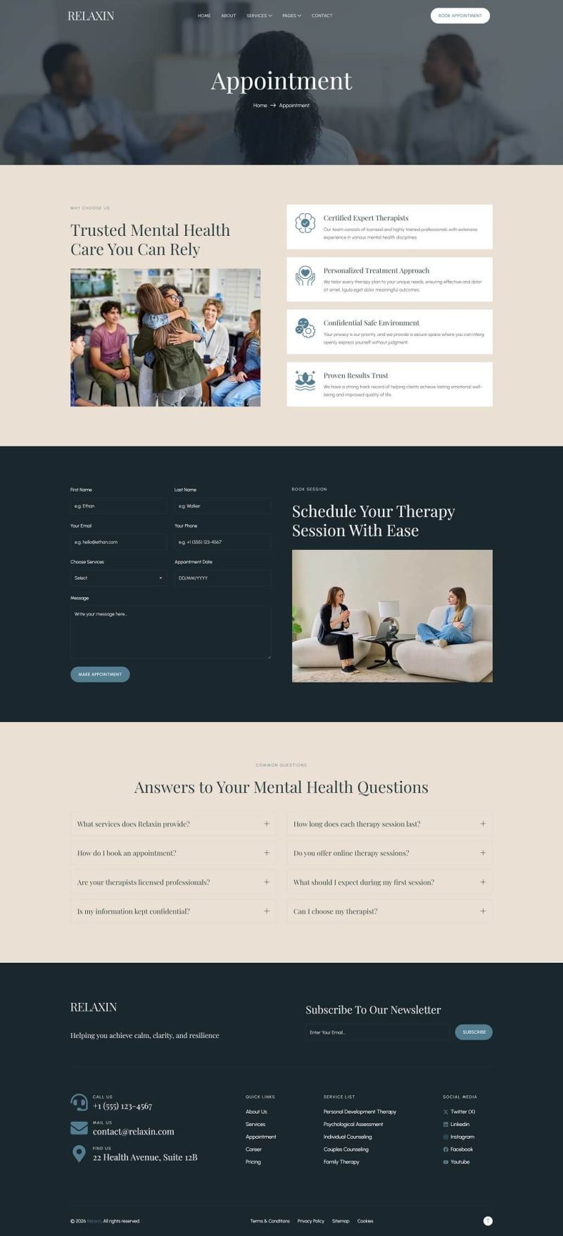 Appointment — Relaxin - Mental Health & Therapy Elementor Template
