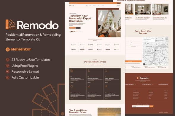 Remodo - Residential Renovation & Remodeling Elementor Template — Elementor template kit cover