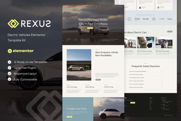 Rexus - Electric Vehicles Elementor Template — Elementor template kit cover