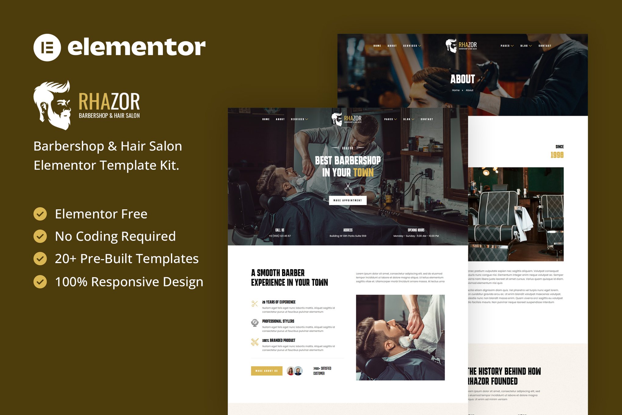 Rhazor - Barbershop & Hair Salon Elementor Template — Elementor template kit cover