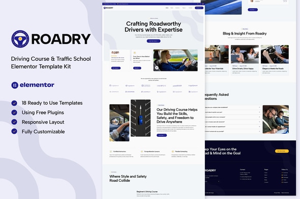 Roadry - Driving Course & Traffic School Elementor Template — Elementor template kit cover
