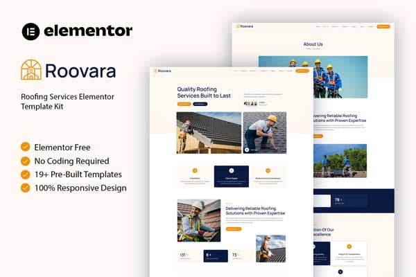 Roovara - Roofing Services Elementor Template — Elementor template kit cover