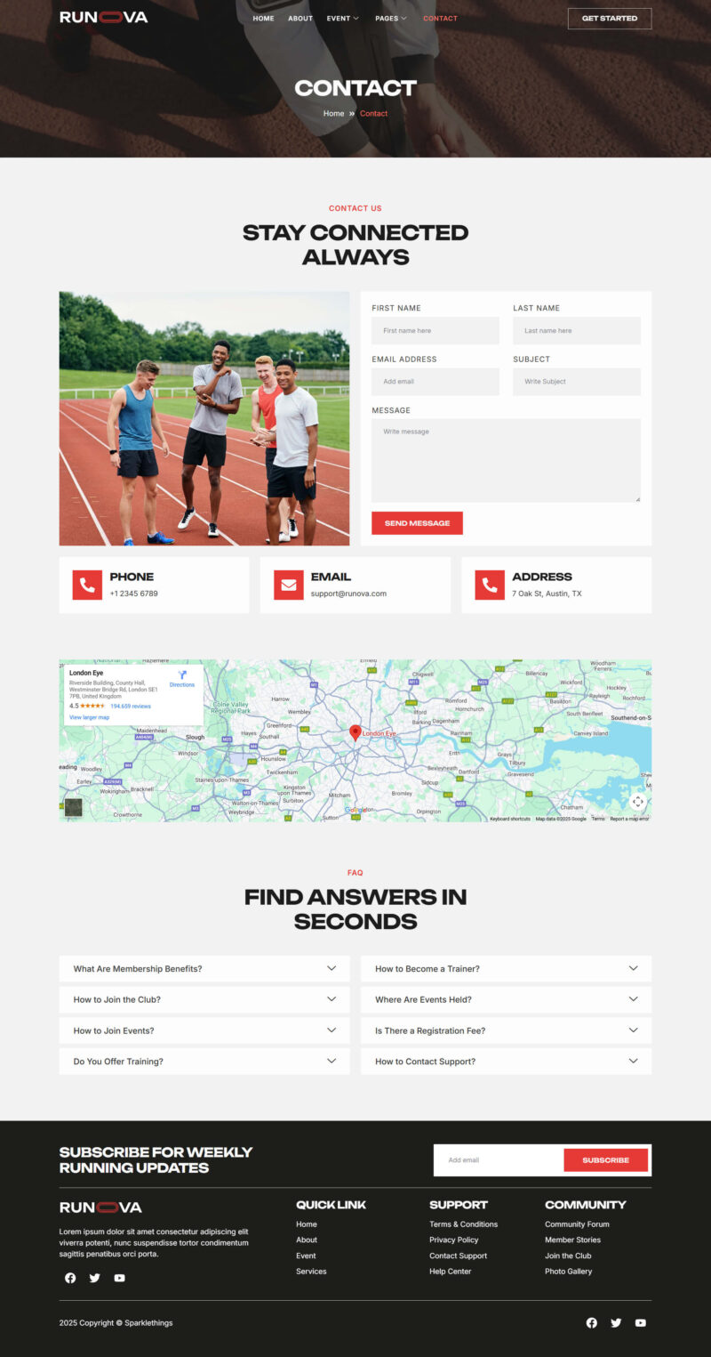 Contact — Runova - Marathon & Sports Events Running Club Elementor Template