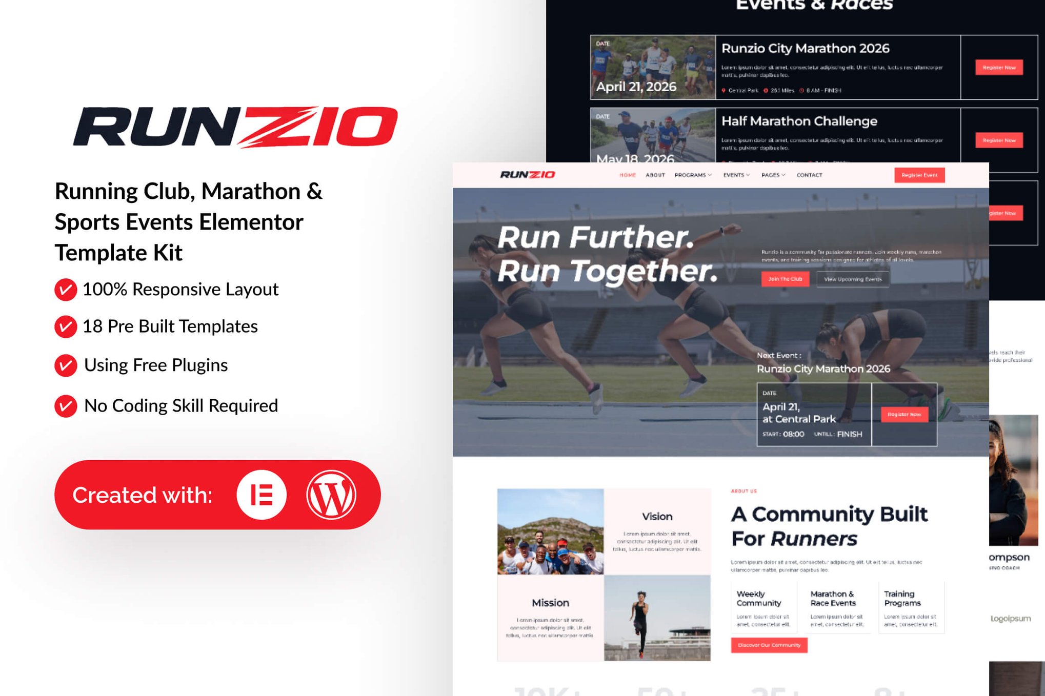 Runzio - Running Club, Marathon & Sports Events Elementor Template — Elementor template kit cover