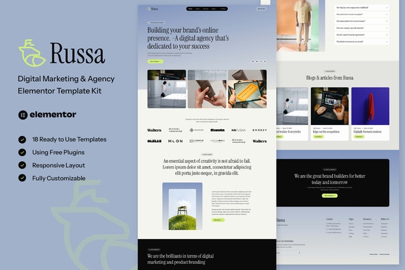 Russa - Digital Marketing & Agency Elementor Template — Elementor template kit cover