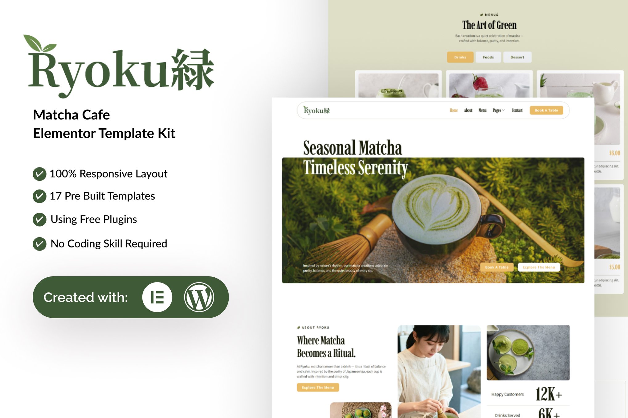 Ryoku - Matcha Cafe Elementor Template — Elementor template kit cover