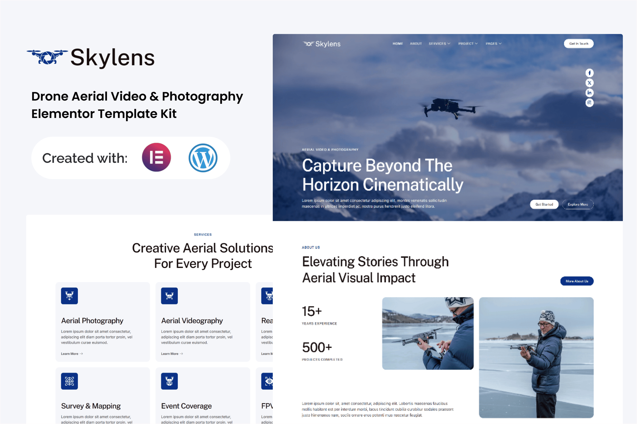 Skylens - Drone Aerial Video & Photography Elementor Template — Elementor template kit cover