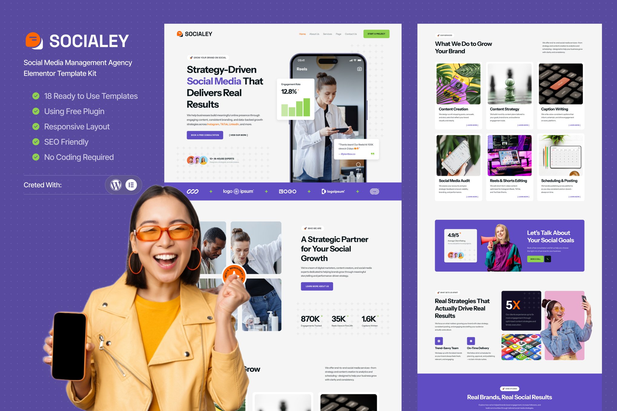 Socialey - Social Media Management Agency Elementor Template — Elementor template kit cover