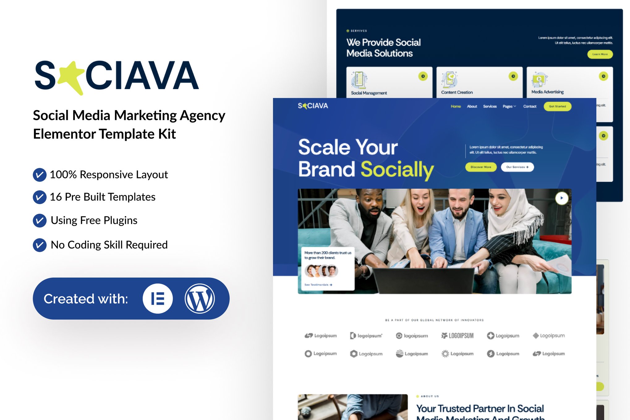 Sociava - Social Media Marketing Agency Elementor Template — Elementor template kit cover