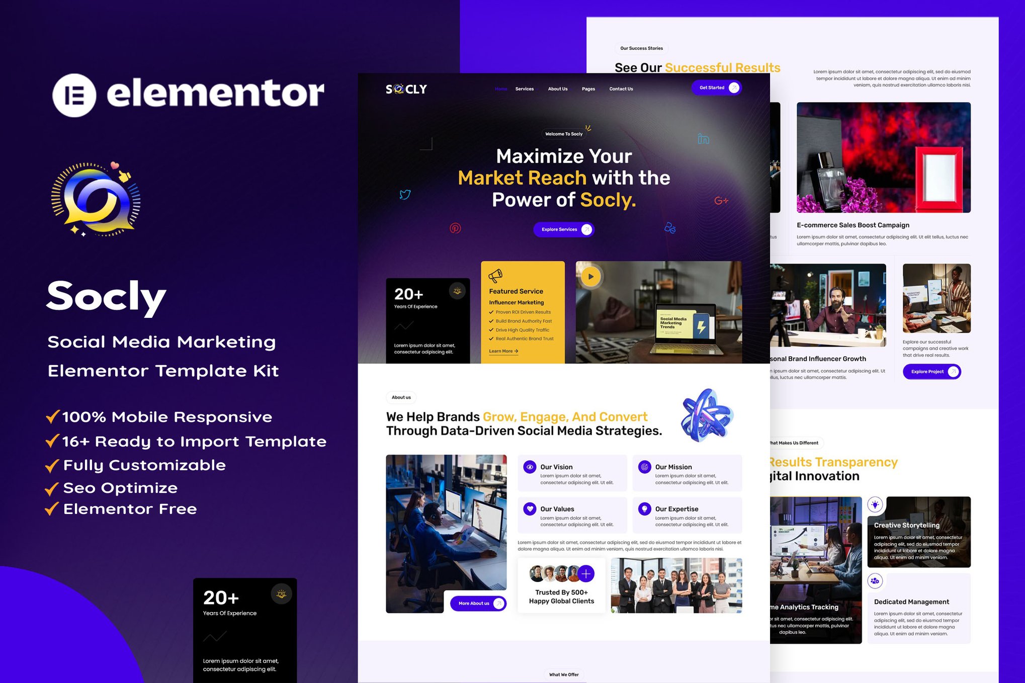 Socly - Social Media Marketing Agency Elementor Template — Elementor template kit cover