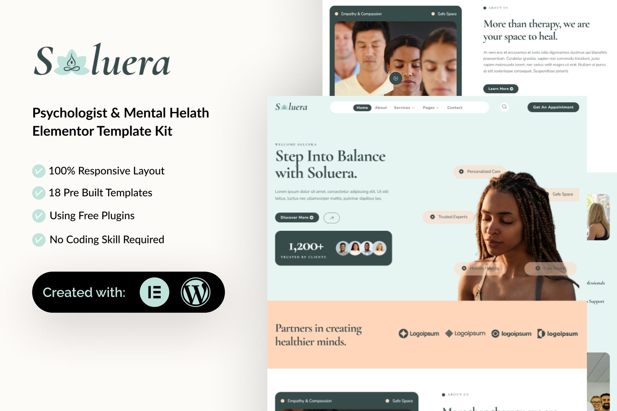 Soluera - Psychologist & Mental Health Elementor Template — Elementor template kit cover