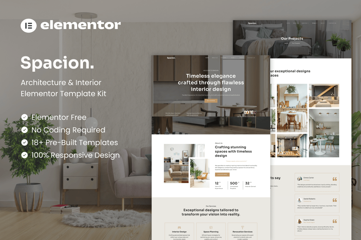 Spacion - Architecture & Interior Elementor Template — Elementor template kit cover