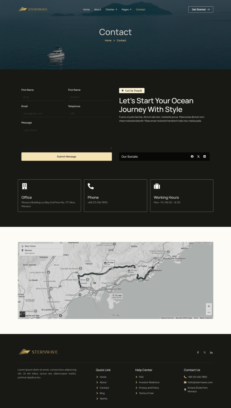 Contact — Sternwave - Yacht Club and Boat Rental Elementor Template