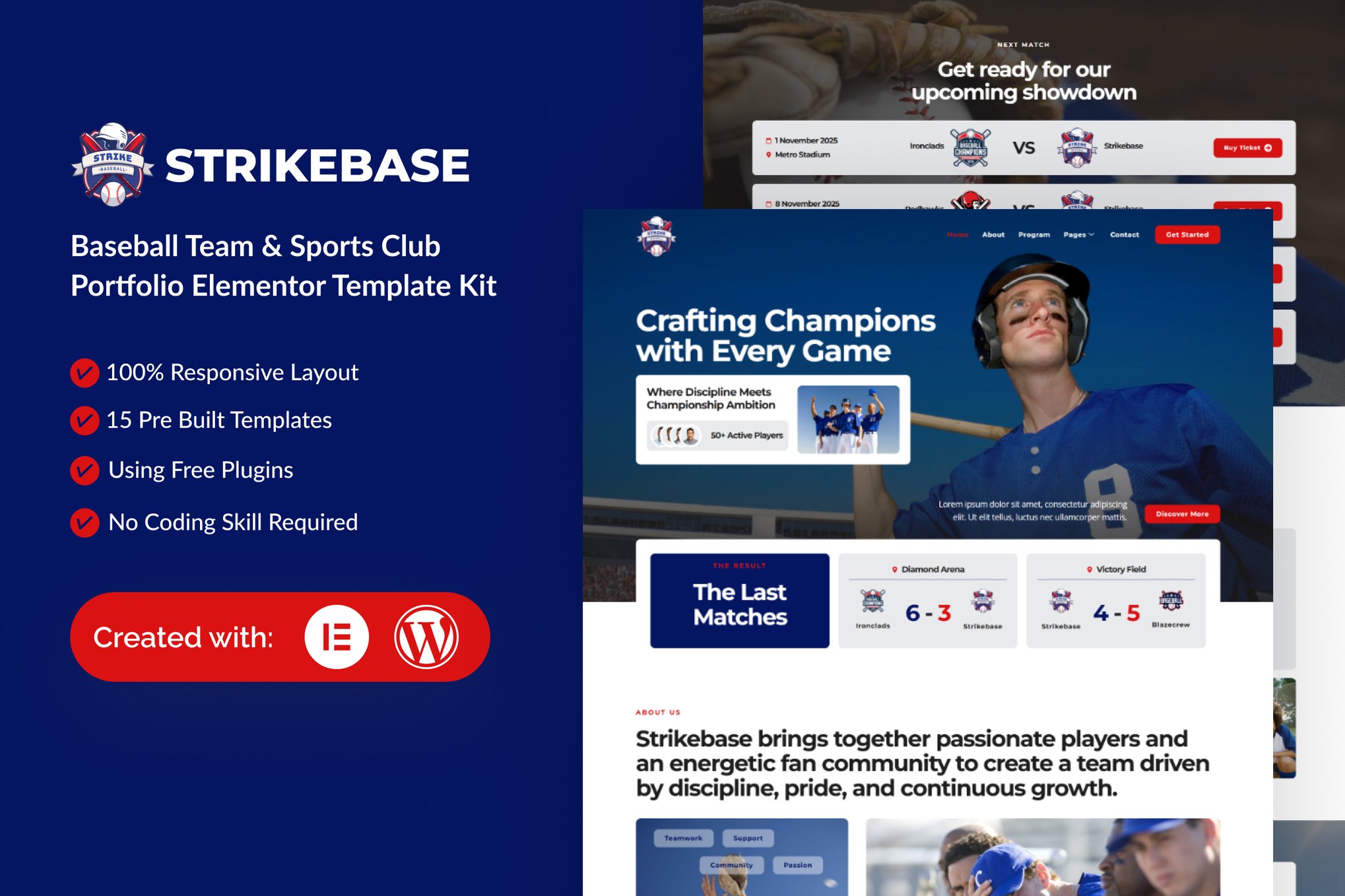 StrikeBase - Baseball Team & Sport Club Elemtor Elementor Template — Elementor template kit cover