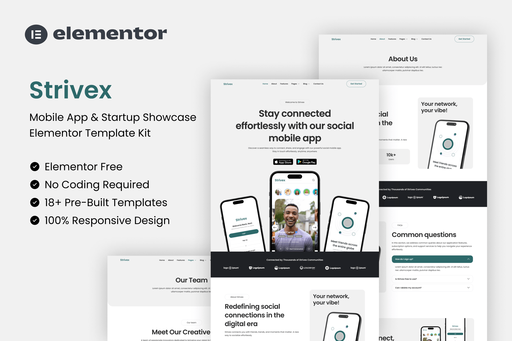 Strivex - Mobile App & Startup Showcase Elementor Template — Elementor template kit cover