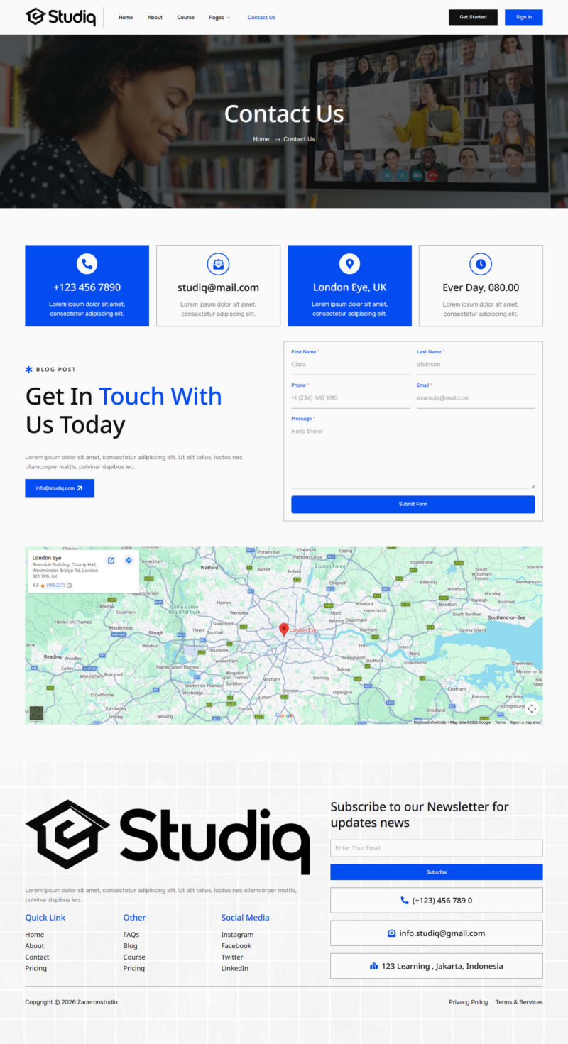 Contact Us — Studiq - Online Course & Education Elementor Template