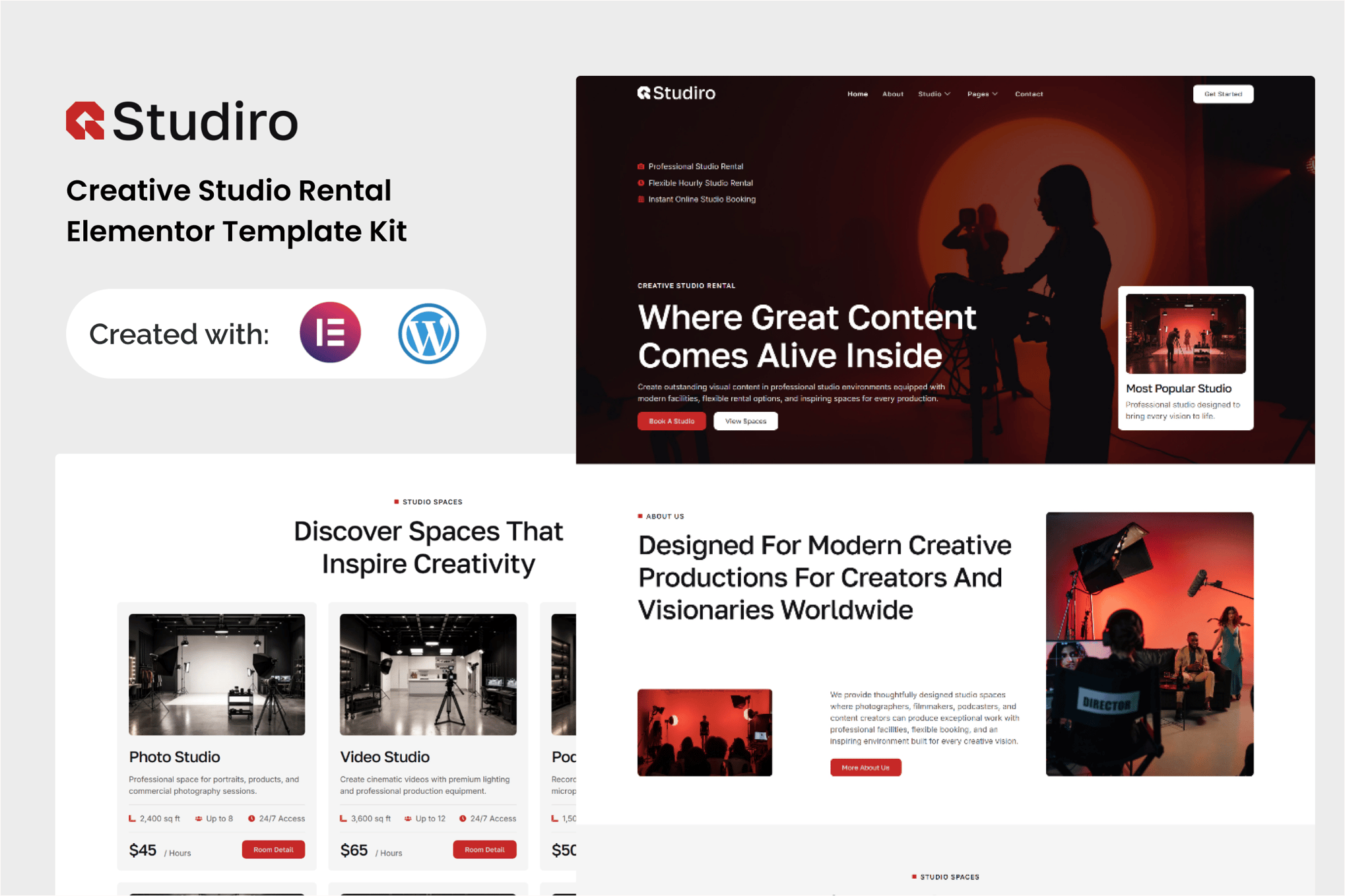 Studiro - Creative Studio Rental Elementor Template — Elementor template kit cover