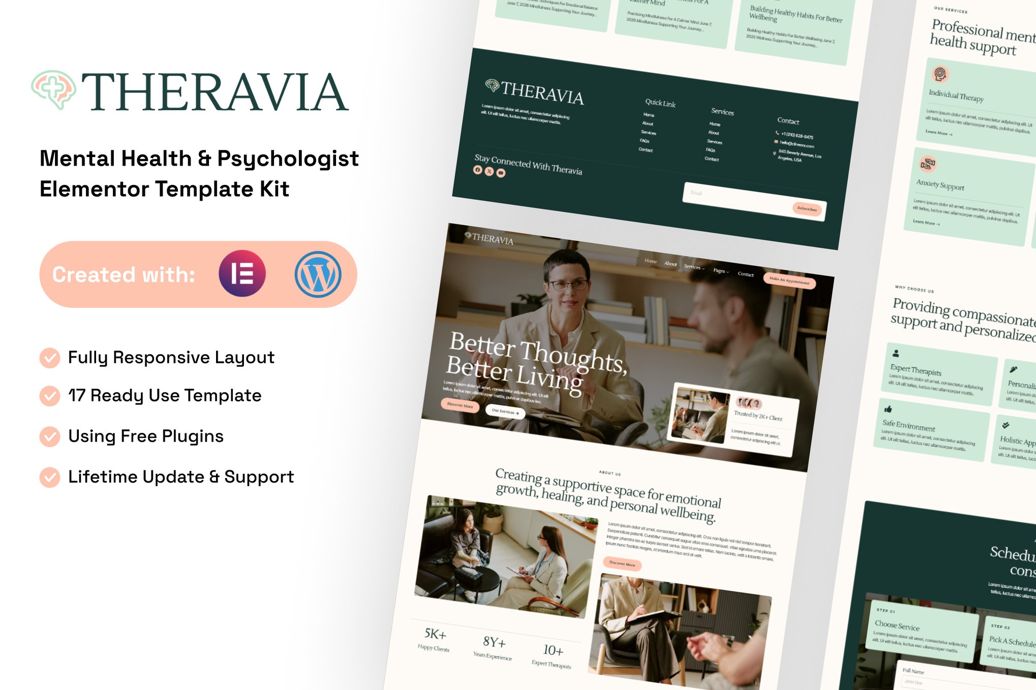 Theravia - Mental Health & Psychologist Elementor Template — Elementor template kit cover