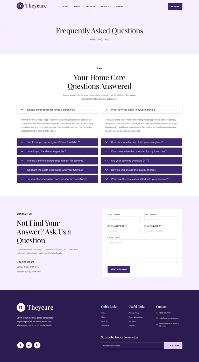 FAQ — Theycare - Home Care Services Elementor Template