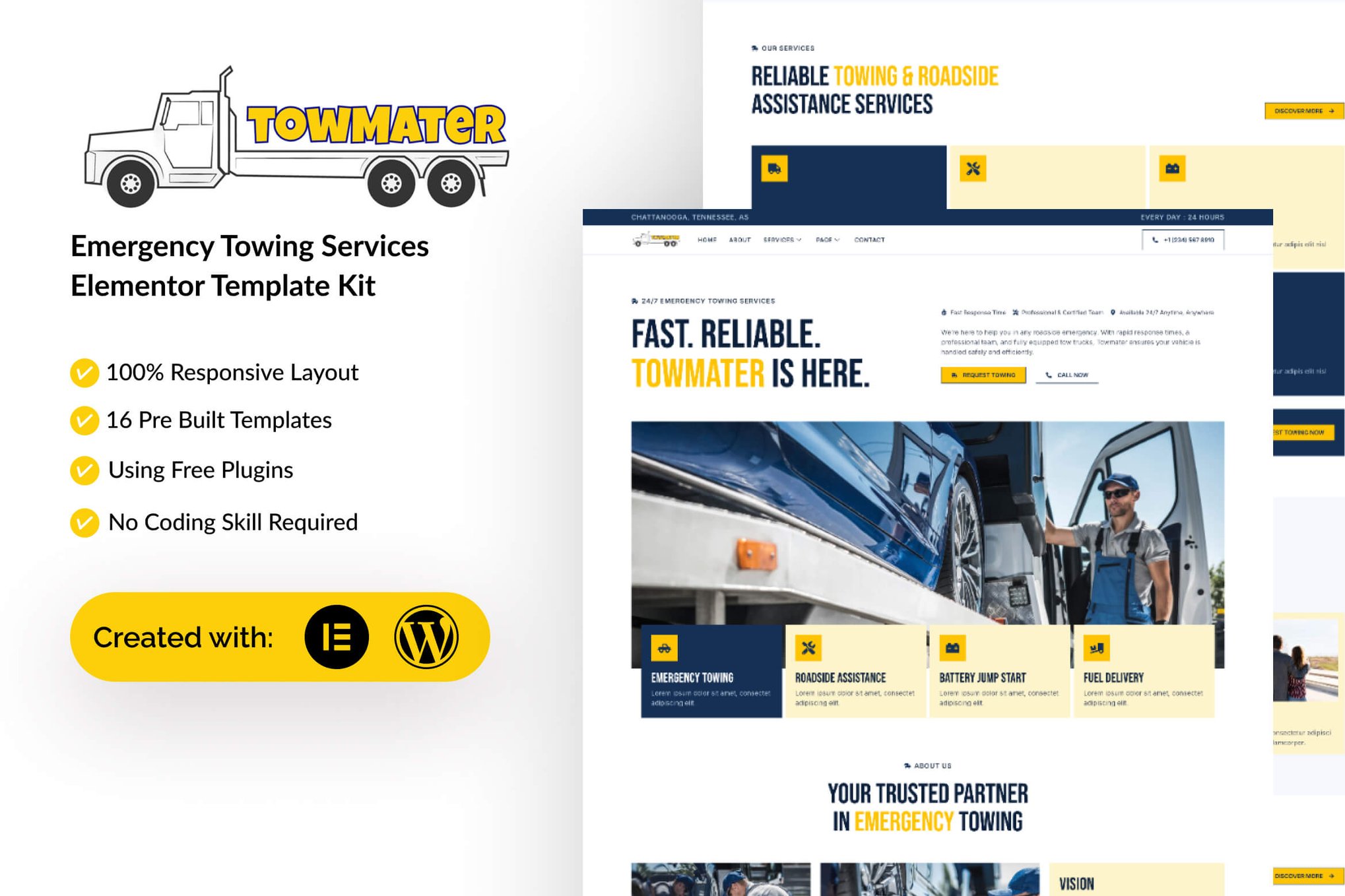 Towmater - Emergency Towing Service Elementor Template — Elementor template kit cover