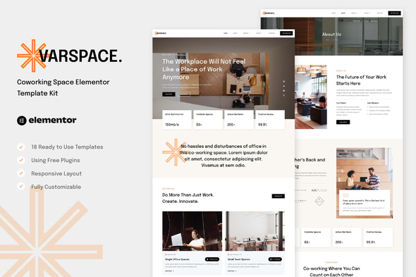 Varspace - Coworking Space Elementor Template — Elementor template kit cover