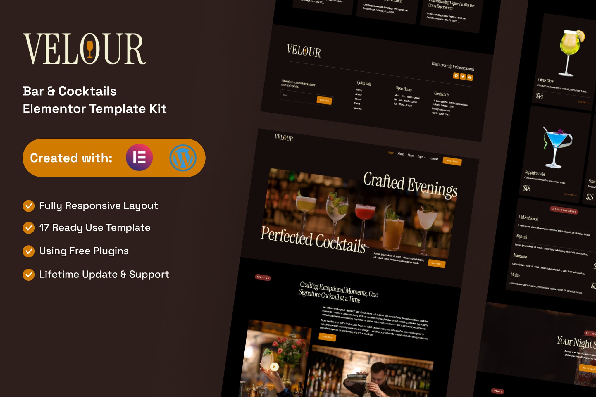 Velour - Bar & Cocktails Elementor Template — Elementor template kit cover