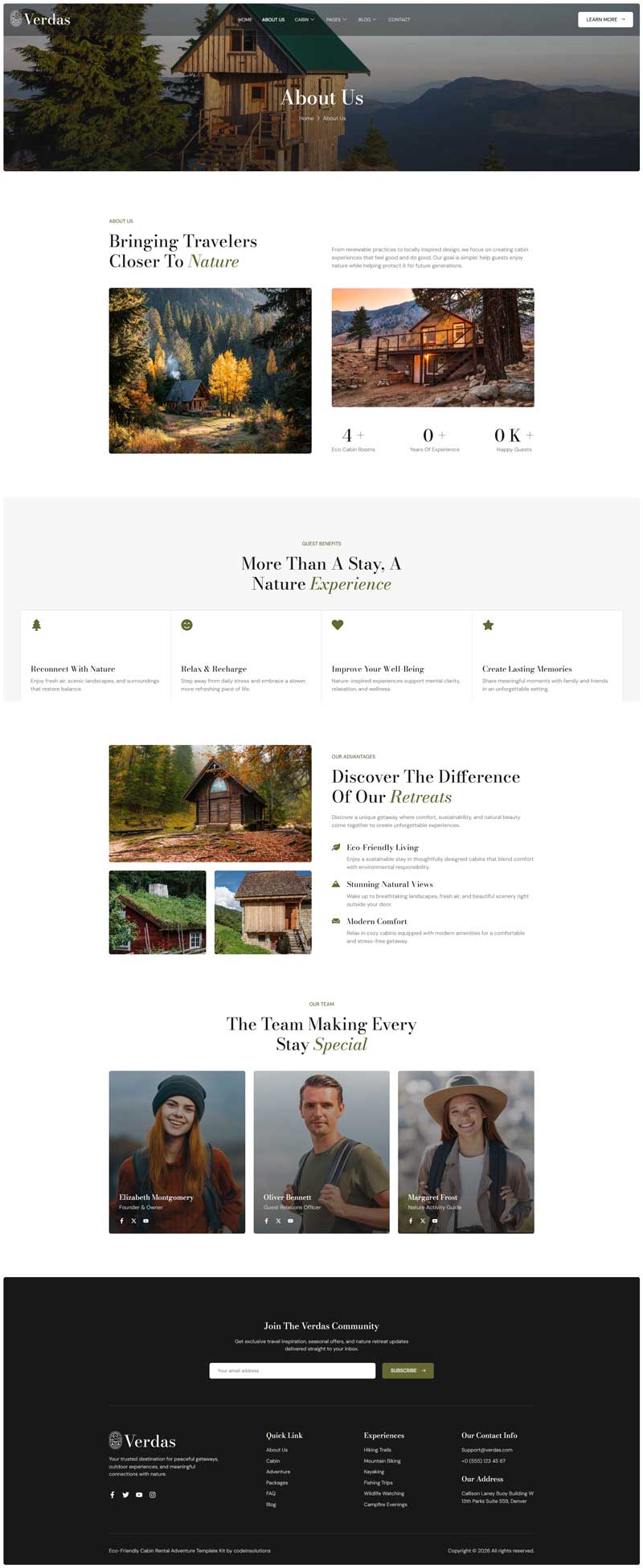 About Us — Verdas - Eco-Friendly Cabin Rental Adventure Elementor Template