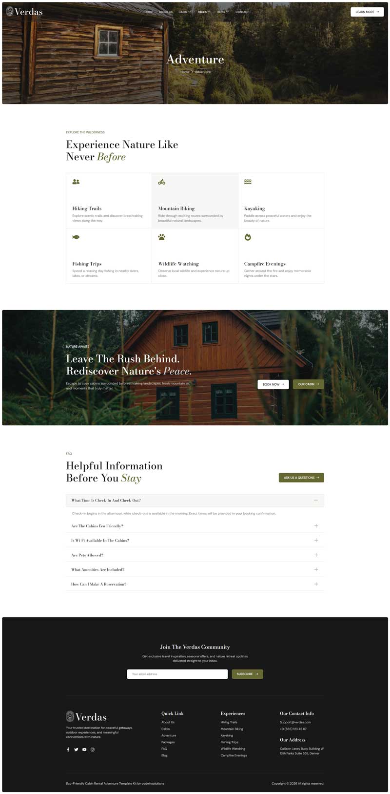 Adventure — Verdas - Eco-Friendly Cabin Rental Adventure Elementor Template