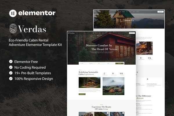 Verdas - Eco-Friendly Cabin Rental Adventure Elementor Template — Elementor template kit cover