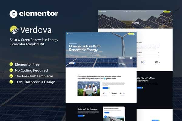 Verdova - Solar & Green Renewable Energy Elementor Template — Elementor template kit cover