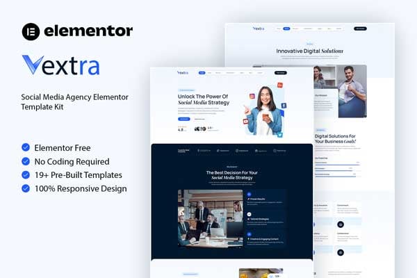 Vextra - Social Media Agency Elementor Template — Elementor template kit cover