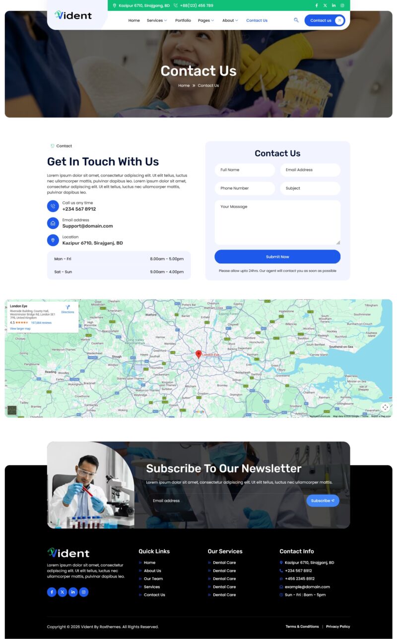 Contact Us — Vident - Dentist & Dental Care Elementor Template