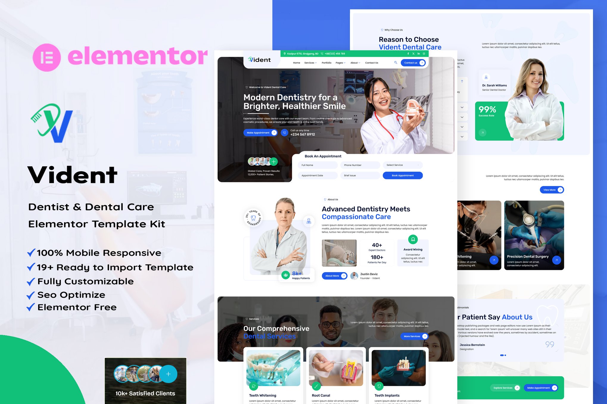 Vident - Dentist & Dental Care Elementor Template — Elementor template kit cover