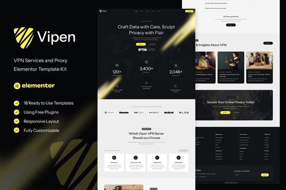 Vipen - VPN Services & Proxy Elementor Template — Elementor template kit cover