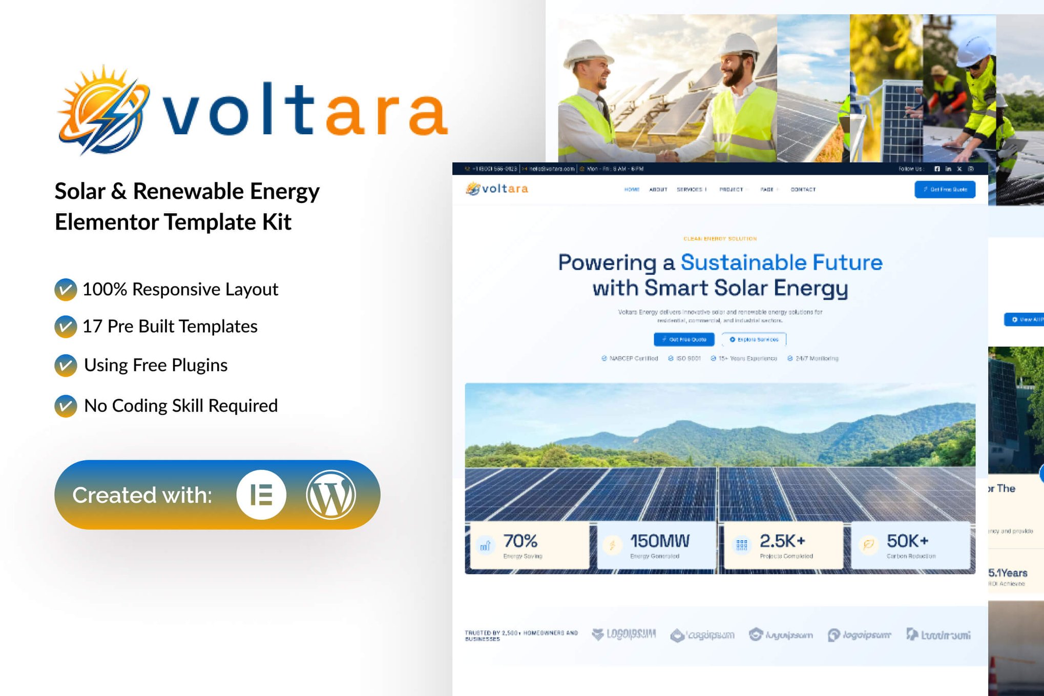 Voltara - Solar & Renewable Energy Elementor Template — Elementor template kit cover